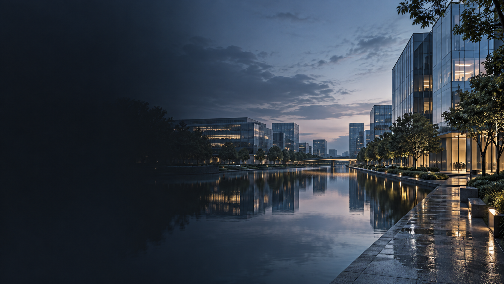 水岸与现代办公建筑的杭州城市氛围图